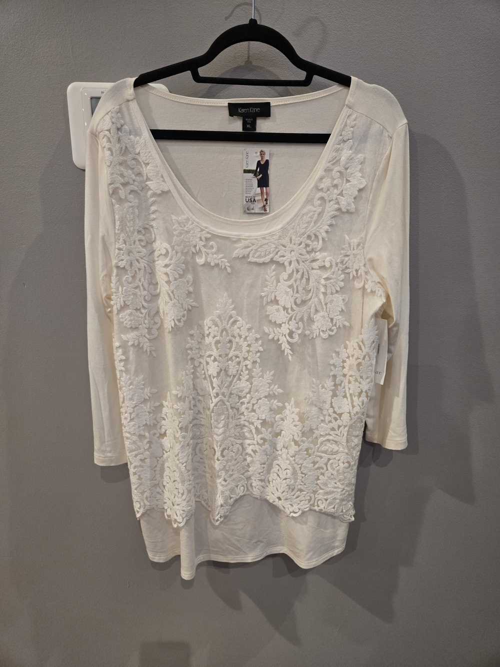 NWT Karen Kane XL Ivory Floral Lace Overlay Top Painted Canyon 3/4 Sleeve